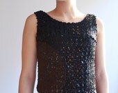 Black sequin tank top - 60s -  beaded - cropped - vintage - small