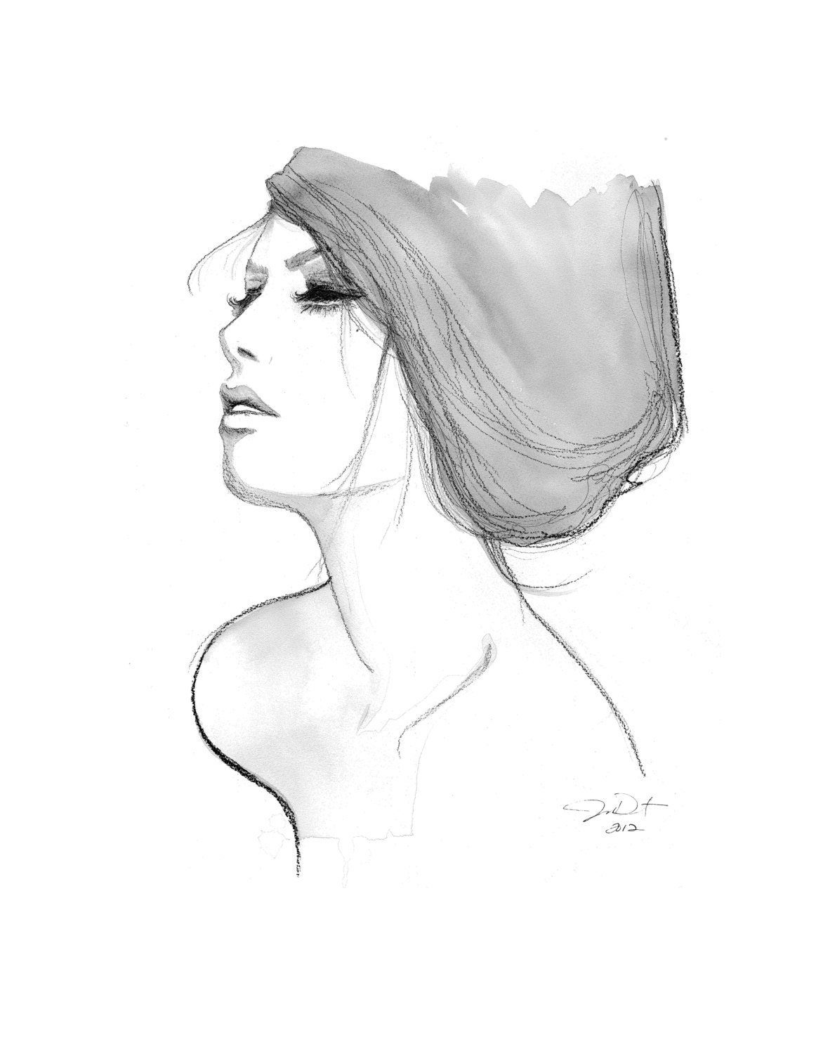 Print from original watercolor, pencil and charcoal fashion illustration by Jessica Durrant titled Vulnerability
