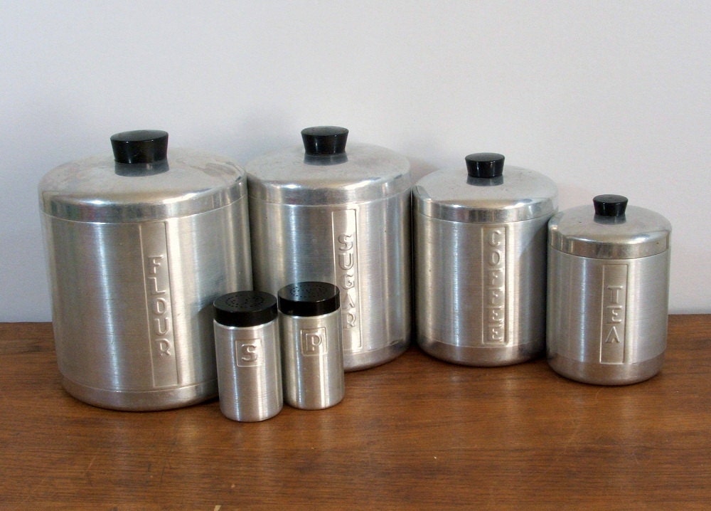 Vintage Canister Set and Shakers, Brushed Aluminum