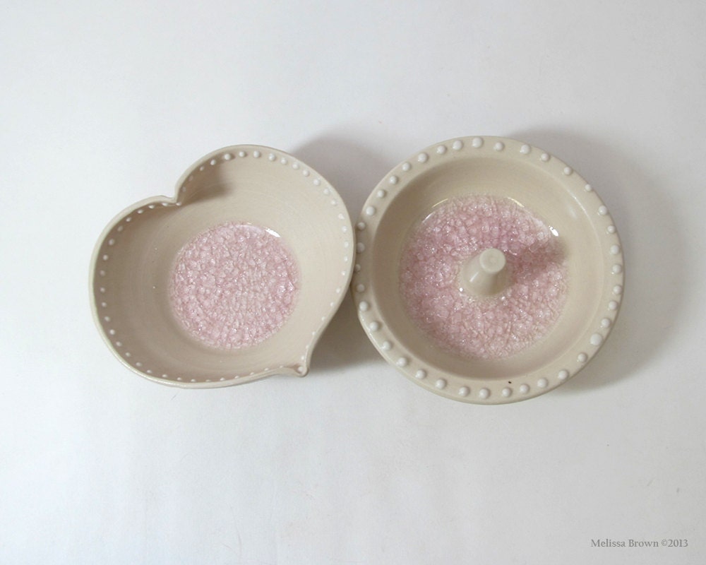 Heart Ceramic Ring holder Trinket bowl Creamy white with pink glass