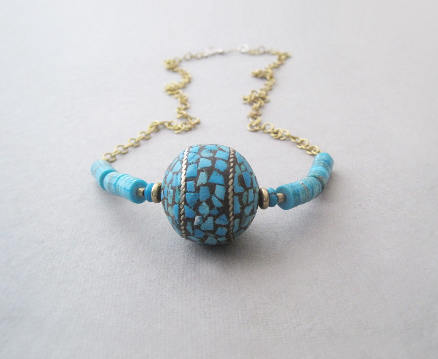 Turquoise Globe Tibetan Turquoise Bead Bright Aqua Blue Brass Fair Trade Chain Ethnic Contemporary Rustic Long Necklace (N58)