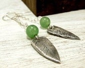 Silver leaf Earrings- Long Dangle Earrings- Summer Green Adventurine- Fine Silver Jewelry