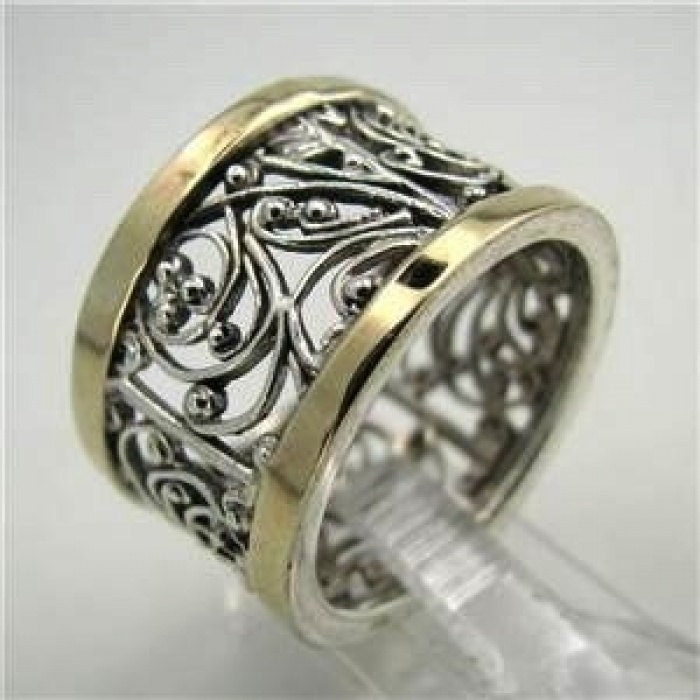 Great Unique Yellow Gold And Silver Filigree Ring size 8 (s r1130