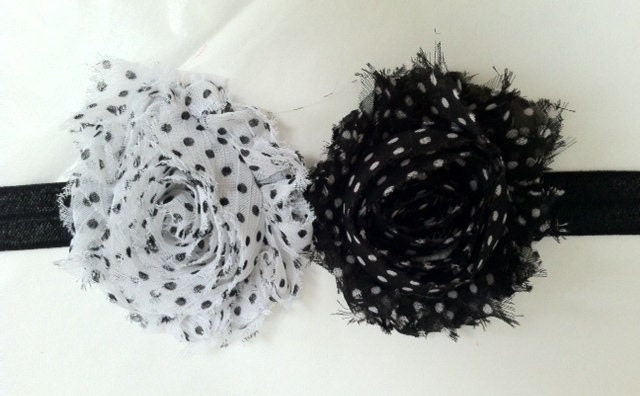 BABY FLOWER HEADBAND - Baby Shabby Chic Polka Dot Fabric Flower Stretch Headband - Photo Prop
