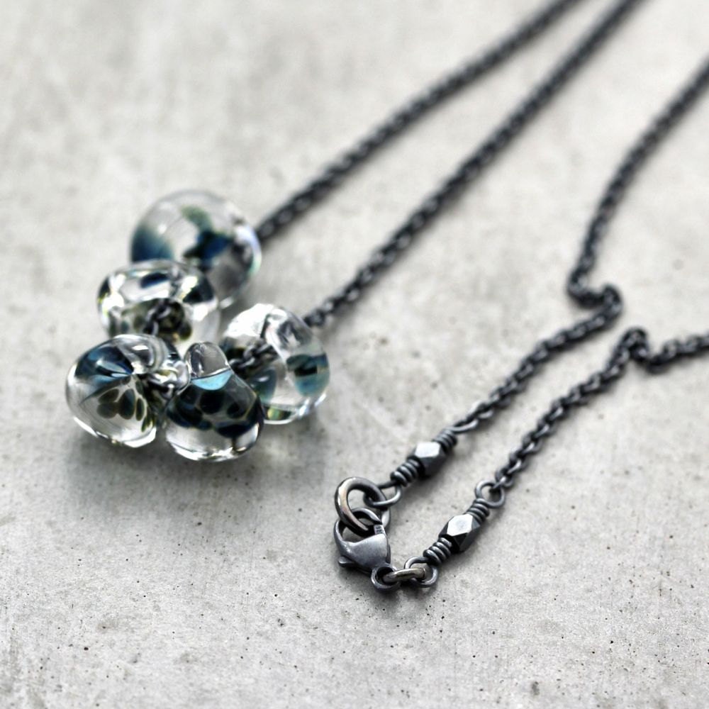 Monaco Ocean Blue Teal Green Lampwork Teardrop Oxidized Sterling Silver Necklace - Delphi