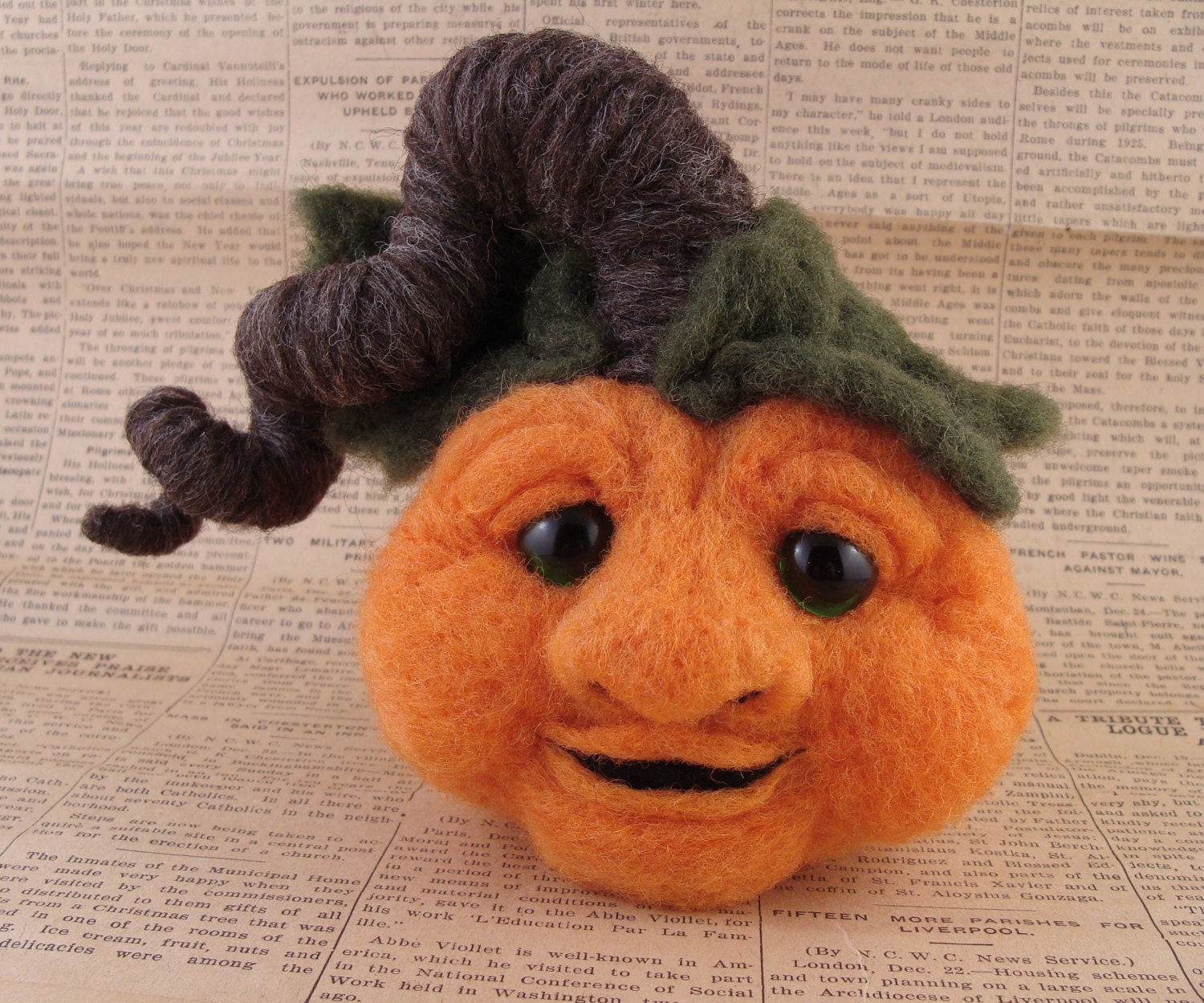 Needle Felted Pumpkin Jack O Lantern Soft Sculpture by Bella McBride OOAK