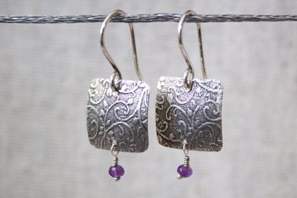 Sterling Silver Garden Vine Square Earrings with Violet Amethyst Gemstones, square dangle earrings, garden earrings