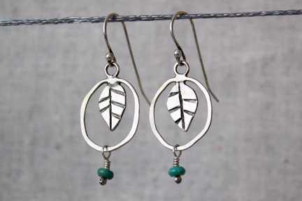Organic Sterling Silver Hoop Earrings with Leaf and Turquoise Gemstone, spring earring, leaf hoop earring,