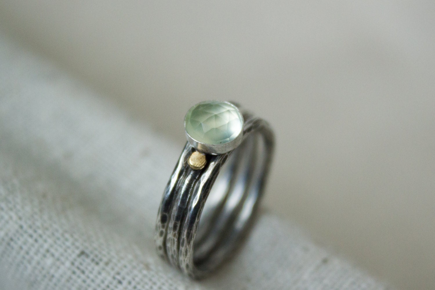 Prehnite Pale Green Stacking Ring Set Hammered Band 18k Gold Detail Ring