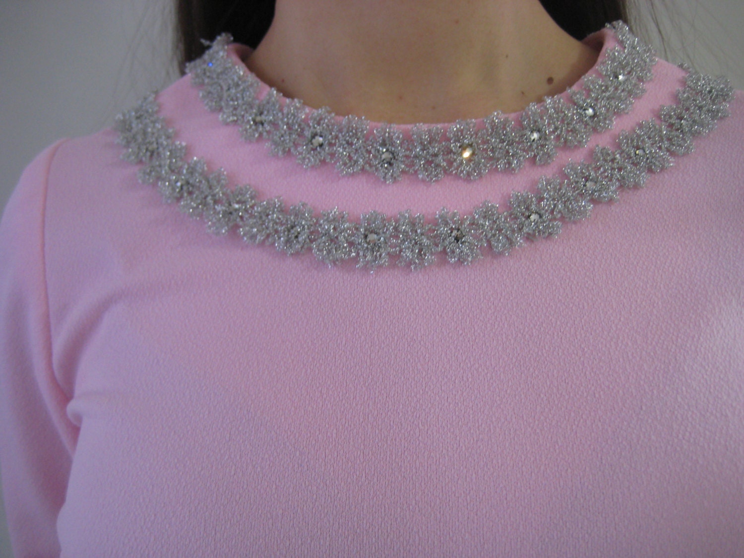 vintage Powder Puff PINK 60s Maxi Gown with SPARKLY silver trim