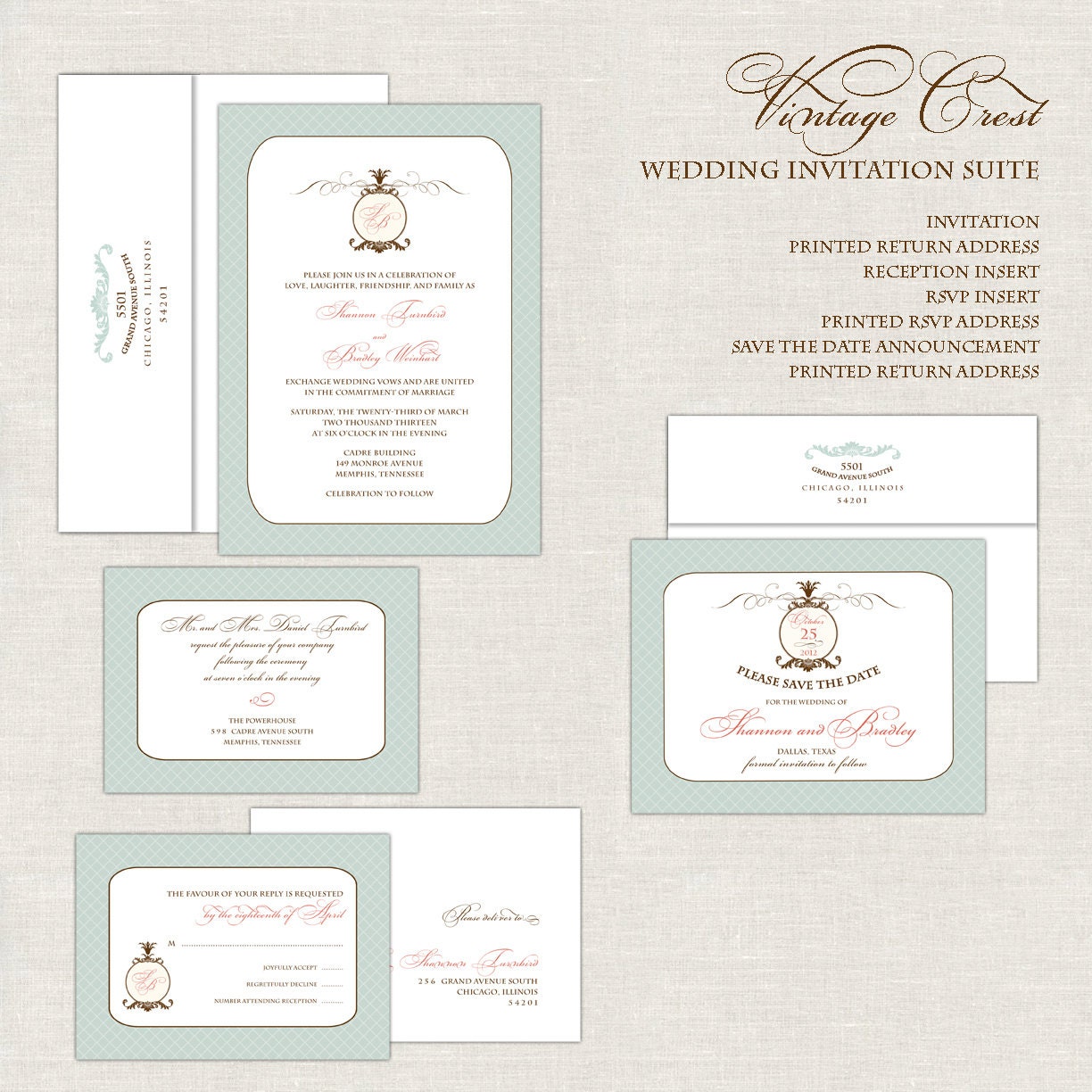 Mint Green Wedding Invitations, Baroque Crest Wedding Invitation, Wedding Invites, Monogram, Antique, Calligraphy Il_170x135