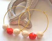 Red & Cream bead gold hoop earrings