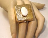 Vintage Pill Box Up-cycled Ring White Milk Glass Cabochon Pronged Hinged Trinket Treasure Box Adjustable