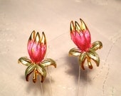 Vintage Earrings Parklane Clip Fuchsia Pink Enamel Tulips Flower Lite Green Leaves 60s Retro Mid Century Statement