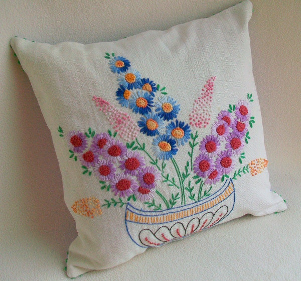 Vintage Embroidery on Linen Re Purposed Sofa Cushion Pillow Floral