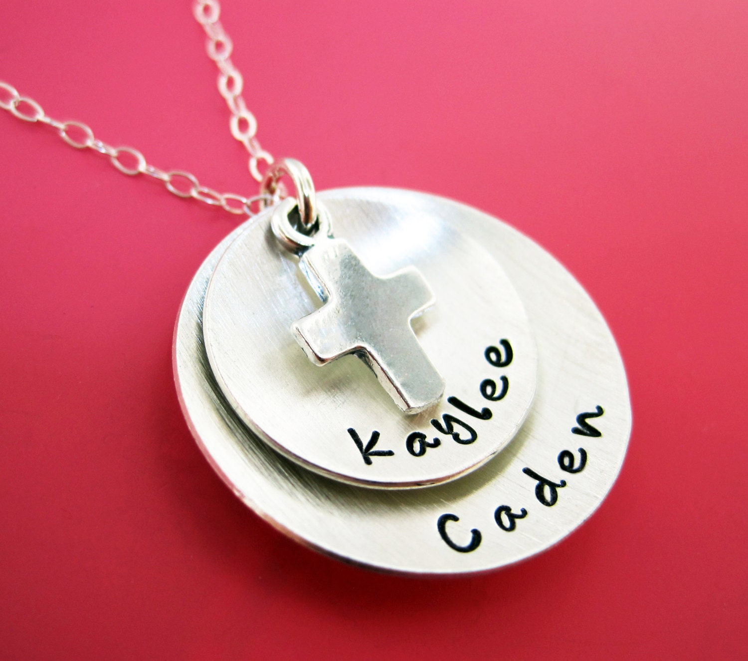 Two Sterling Silver Discs with Sterling Silver Cross Charm - Personalized Hand Stamped Jewelry By HannahDesign