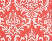 Pair of designer curtain panels, 50W x 84L inches, drapes LINED, coral and white ozborne damask