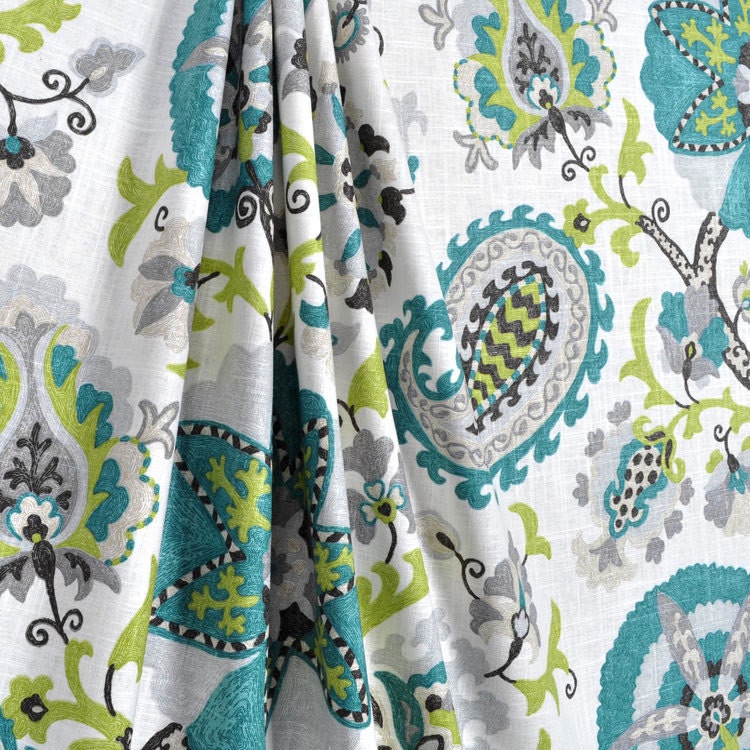 Pair of designer linen curtain panels, drapes, LINED, 50 x 90 inches, P Kaufmann Ladbroke / peacock blue