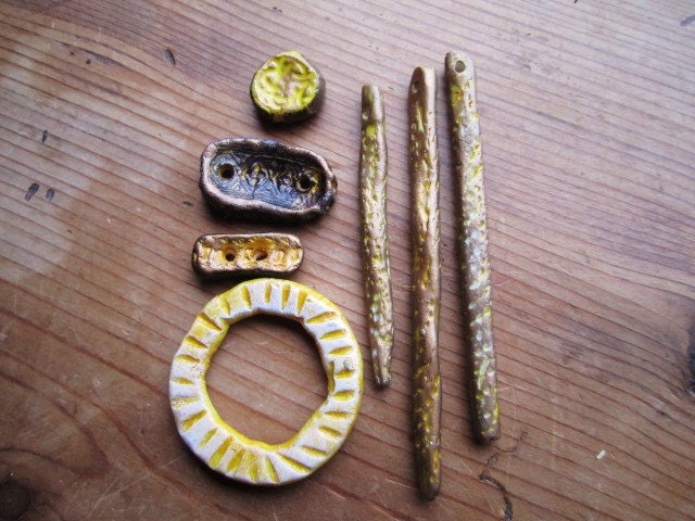 7 Golden Yellow Tribal Bead Painted Porcelain Clay Selection No.63