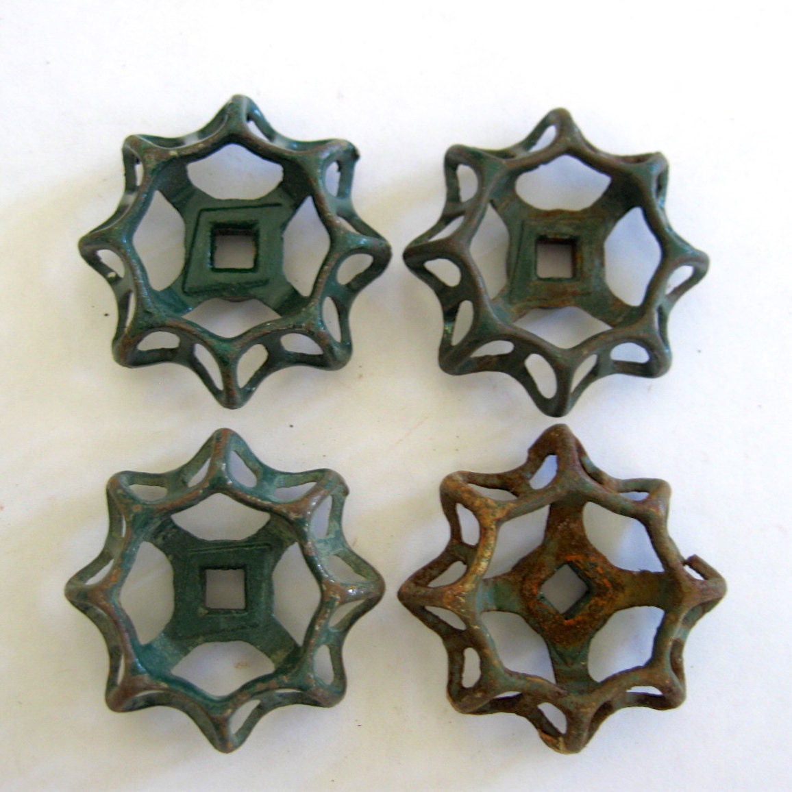 4 vintage faucet handles, petite iron valve handles, no.12, green iron, instant collection, spigot handles, garden knobs, water knobs