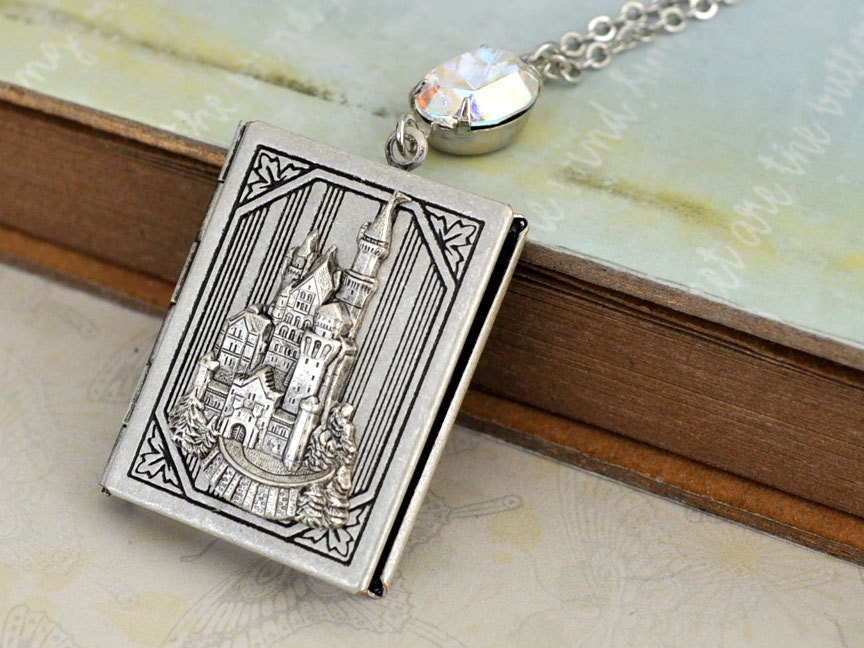 silver book locket - ONCE UPON A TIME - antiqued silver castle locket necklace with silver aurora glass jewel