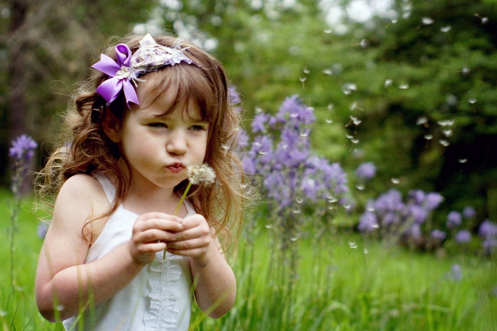 Purple headband with shabby flower and purple satin bow