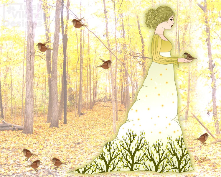 Spring Princess 8x10 original illustration art print, nursery art, nature, tree, Spring, yellow, pastel art