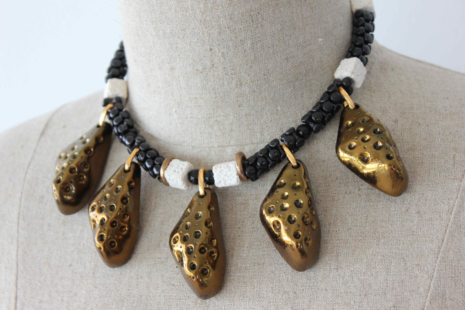 ON SALE Golden Bronze Nugget Statement Necklace with White Lava and Black Link Pearls