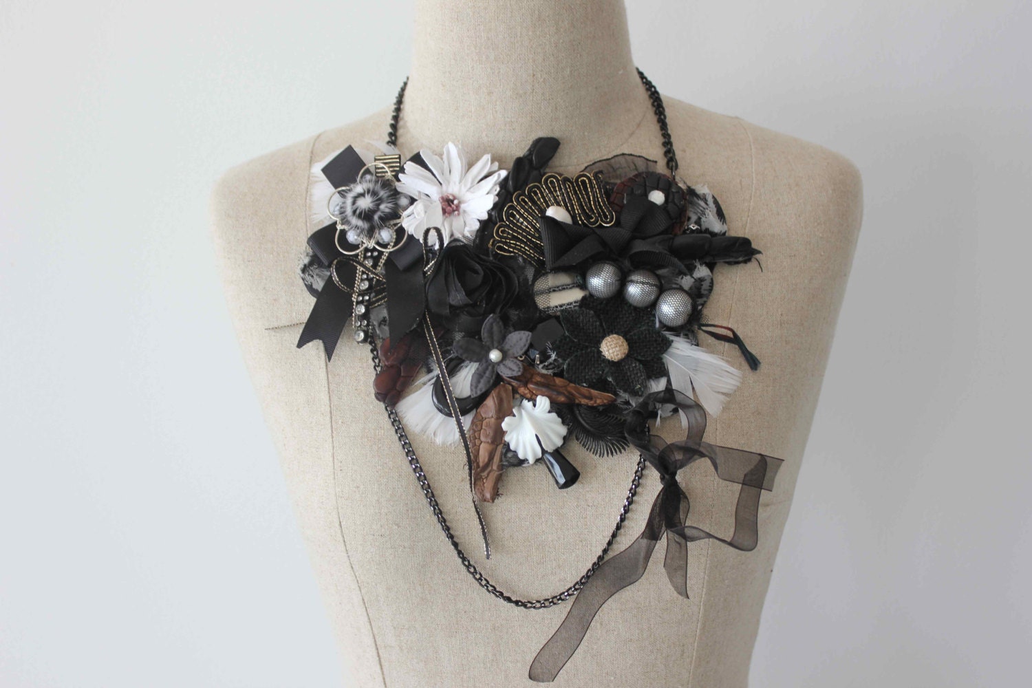 Croc-tails Bib Statement Necklace in Black, White, Silver - As featured in Fashion Week 2013