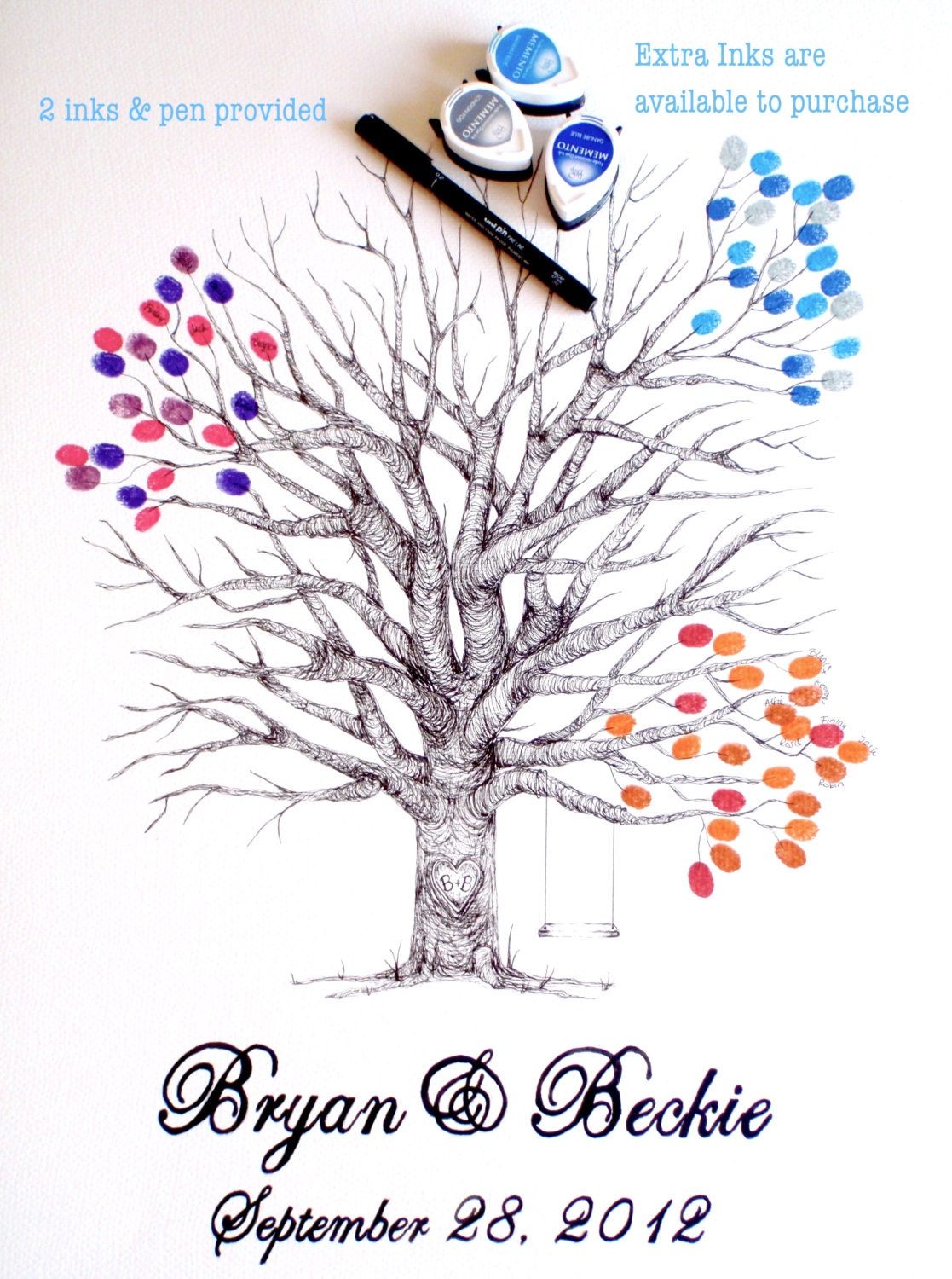Medium Fingerprint Tree Wedding Guest book, Hand Drawn in ink, includes 2 ink pads and pen