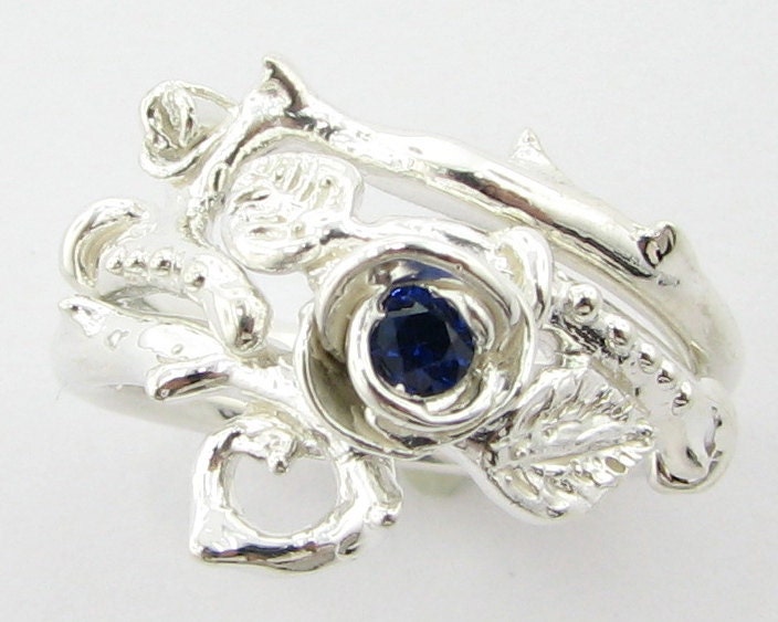 Thorned Rose Wedding Set, Silver & Sapphire