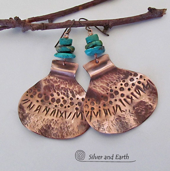 Large Boho Gypsy Earrings, Textured Copper Earrings with Turquoise, Sculptural Metalsmith Earrings, Bold Exotic Bohemian Tribal Jewelry