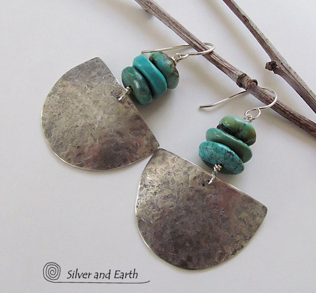 Turquoise Silver Earrings, Hammered Sterling Silver Dangle Earrings, Silver & Turquoise Jewelry, Organic Earthy Silver Metalsmith Earrings