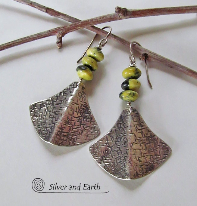 Textured Silver Earrings, Sterling Silver Dangle Earrings with Green Serpentine Gemstones, Earthy Modern Handmade Silver Jewelry