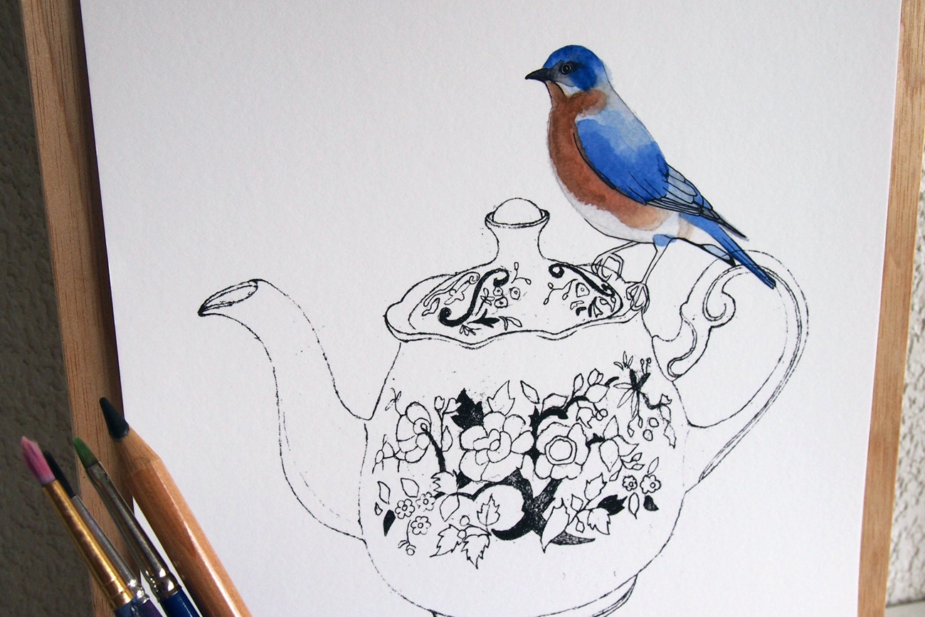 teapot and bird print - original illustration