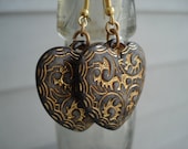 Vintage Coffee Etched Gold Hearts Earrings Woodland Valentine - boxerlovinglady