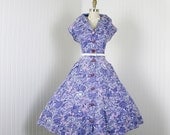 1950s Dress - Vintage 40s 50s Dress - Lavender Pink Blue Roses Cotton Day House Dress XL - Brentwood