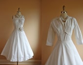 1940s Dress - Vintage 40s Dress - White Cotton Deco Sundress Bolero Jacket M - Moonstone Ring