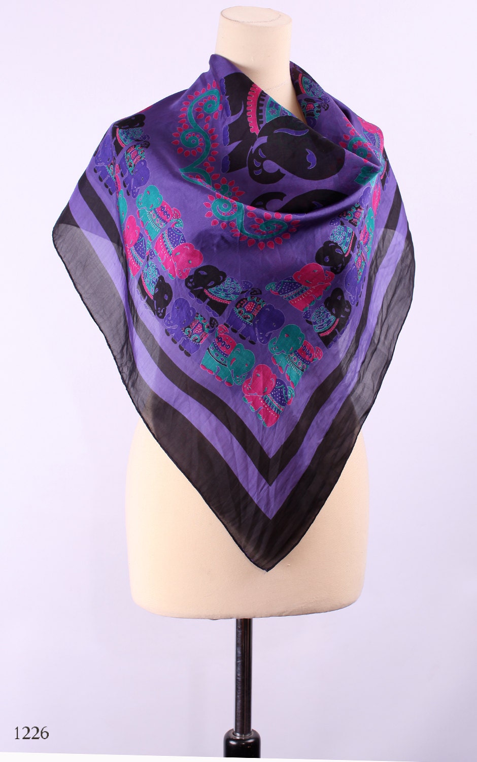 Oriental Purple Silk Elephant  Print Scarf / Handrolled Edges