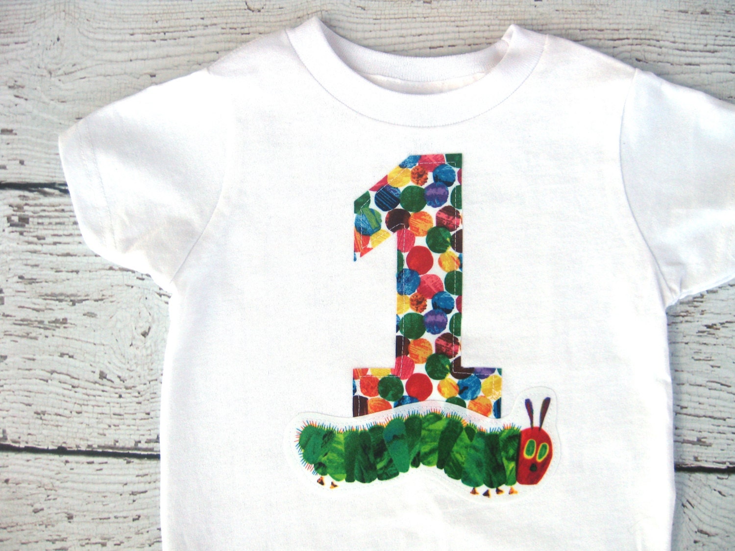 Very Hungry Caterpillar Inspired Applique Tee Birthday Number Made to Order Boy girl White Baby Toddler Shirt T-Shirt