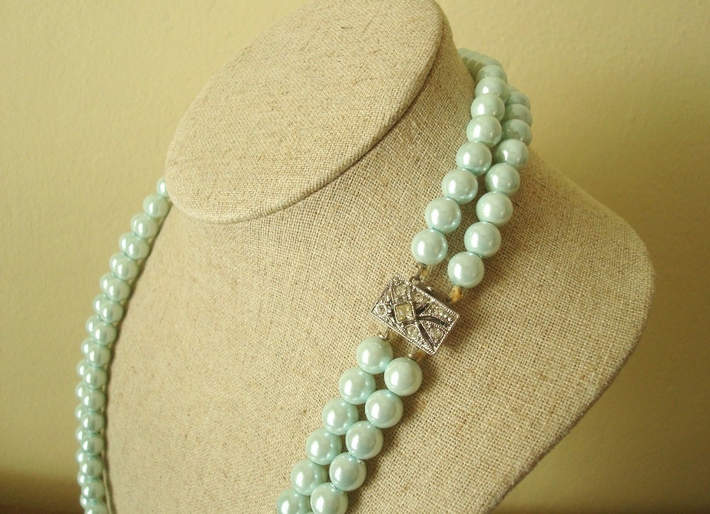 Vintage Laguna 21" aqua pearl necklace, 7.5mm two-strand, rhinestone clasp