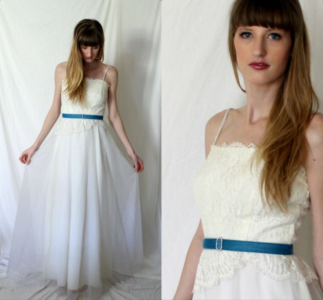 Lace Ivory White WEDDING Dress - Peplum - Flowy Sheer Layers - Rhinestone Spaghetti Straps - XS