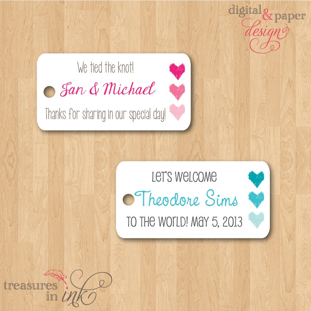 Ombre Hearts Gift Tags - Itty Bitty Design for shower gifts & favors - Hole Punched and Customized w/ Your Wording - 50 Cards