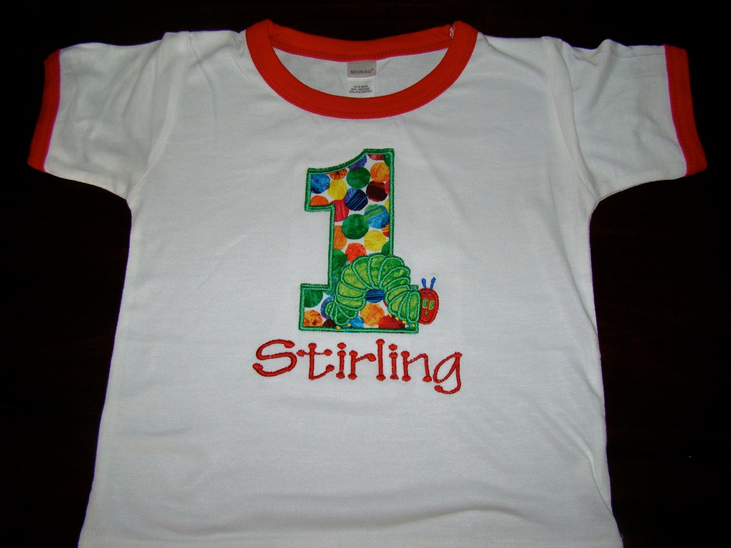 Polka Dot Very Hungry Caterpillar Applique Number shirt for Birthday for Boy or Girl VHC