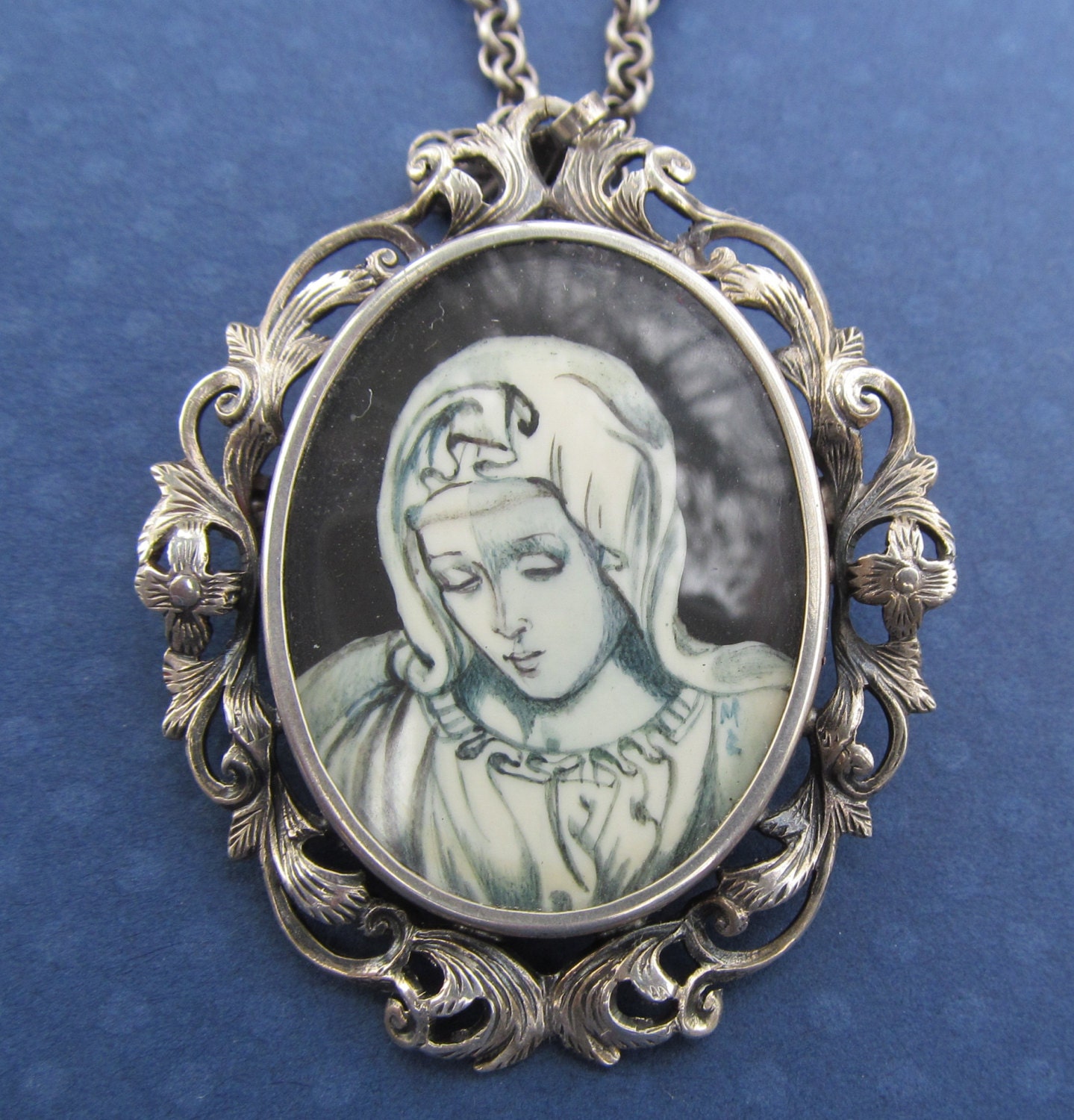 Antique Hand Painted Our Lady Pieta 800 Silver Religious Brooch Virgin Mary Pendant Necklace
