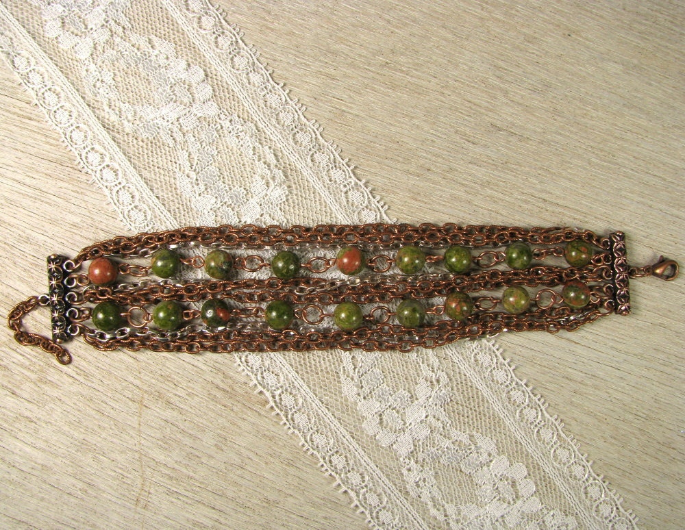 Copper and Green Mulit-Strand Bracelet as seen in Stringing Fall 2012