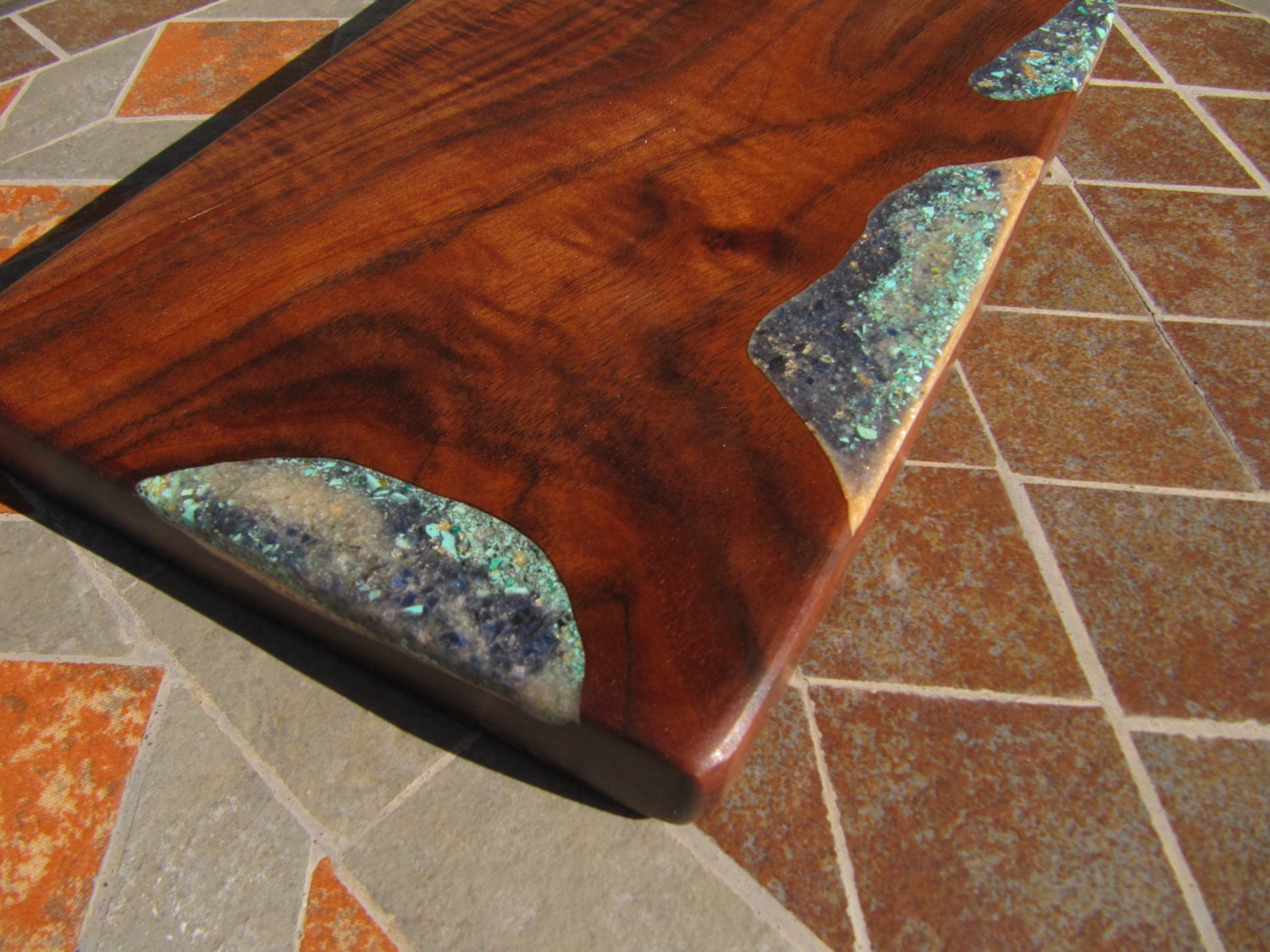 no 6 Black Walnut Cutting/Serving board with sodalite, turquoise and mica