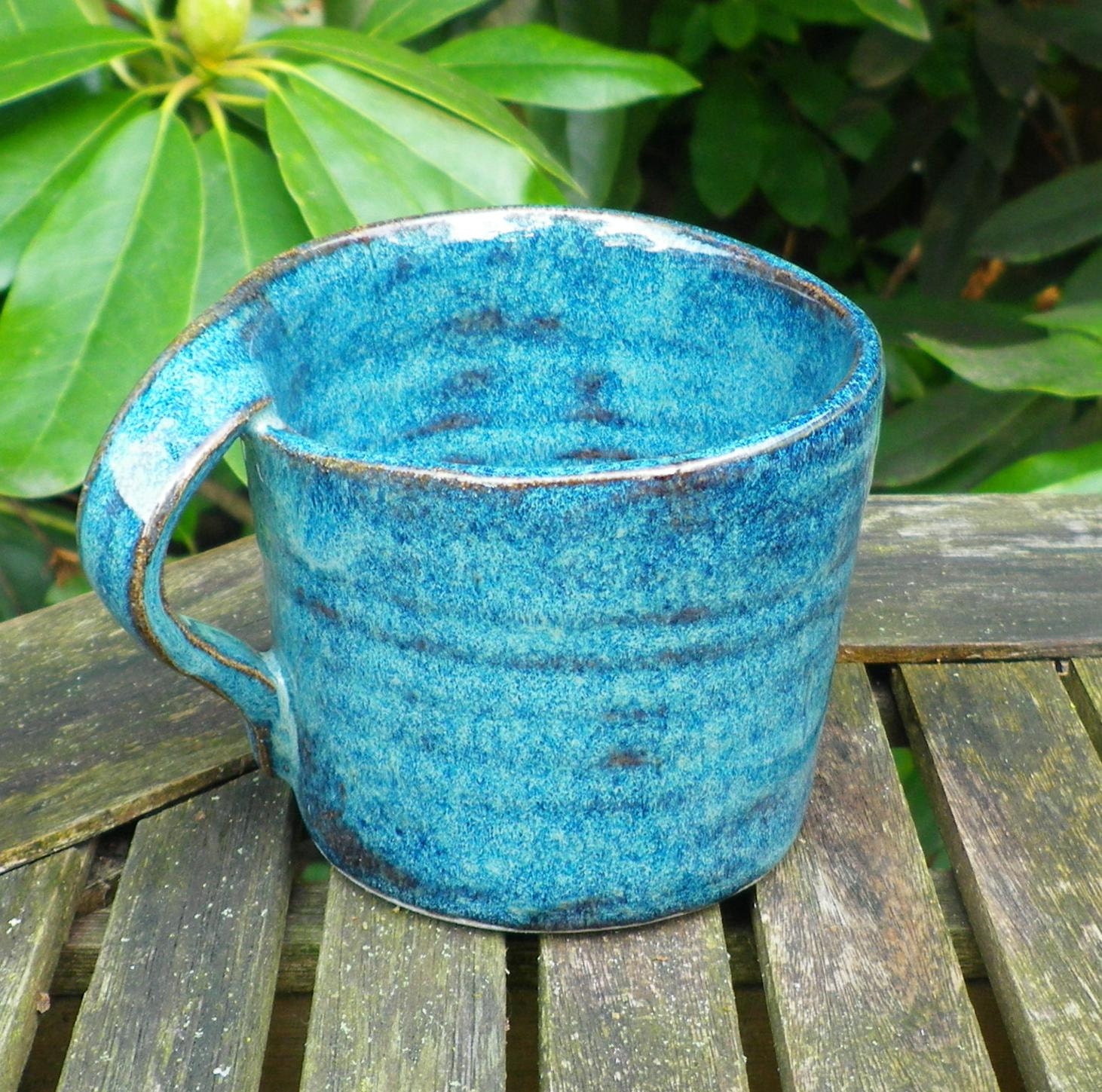 Left handed coffee mug tea cup in stoneware hand thrown ceramic pottery