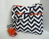 Monterey Chevron Diaper Bag Set - Large - In Navy Chevron and Orange - Adjustable Strap and Elastic Pockets