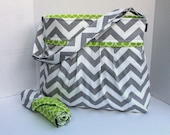Monterey Chevron Diaper Bag Set - Large - Grey Chevron and Circles In Lime - Adjustable Strap and Elastic Pockets